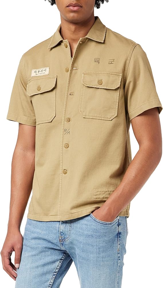 CAMISA DE MANGA CORTA DE ALGODÓN SATINADO - ARENA - REPLAY | M4083.000.84024