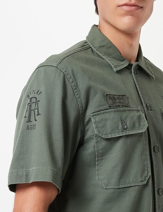 CAMISA DE MANGA CORTA DE ALGODÓN SATINADO - CAQUI - REPLAY | M4083.000.84024