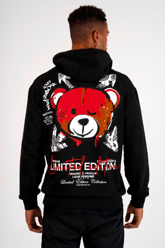 SUDADERA CON CAPUCHA "FASHION BEAR" - NEGRO/ROJO - LOUIS VENDOME PARIS | LV L05