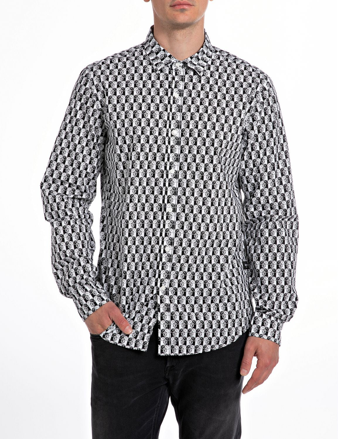 CAMISA CON ESTAMPADO INTEGRAL - BLANCO/NEGRO - REPLAY | M4118.000.74922