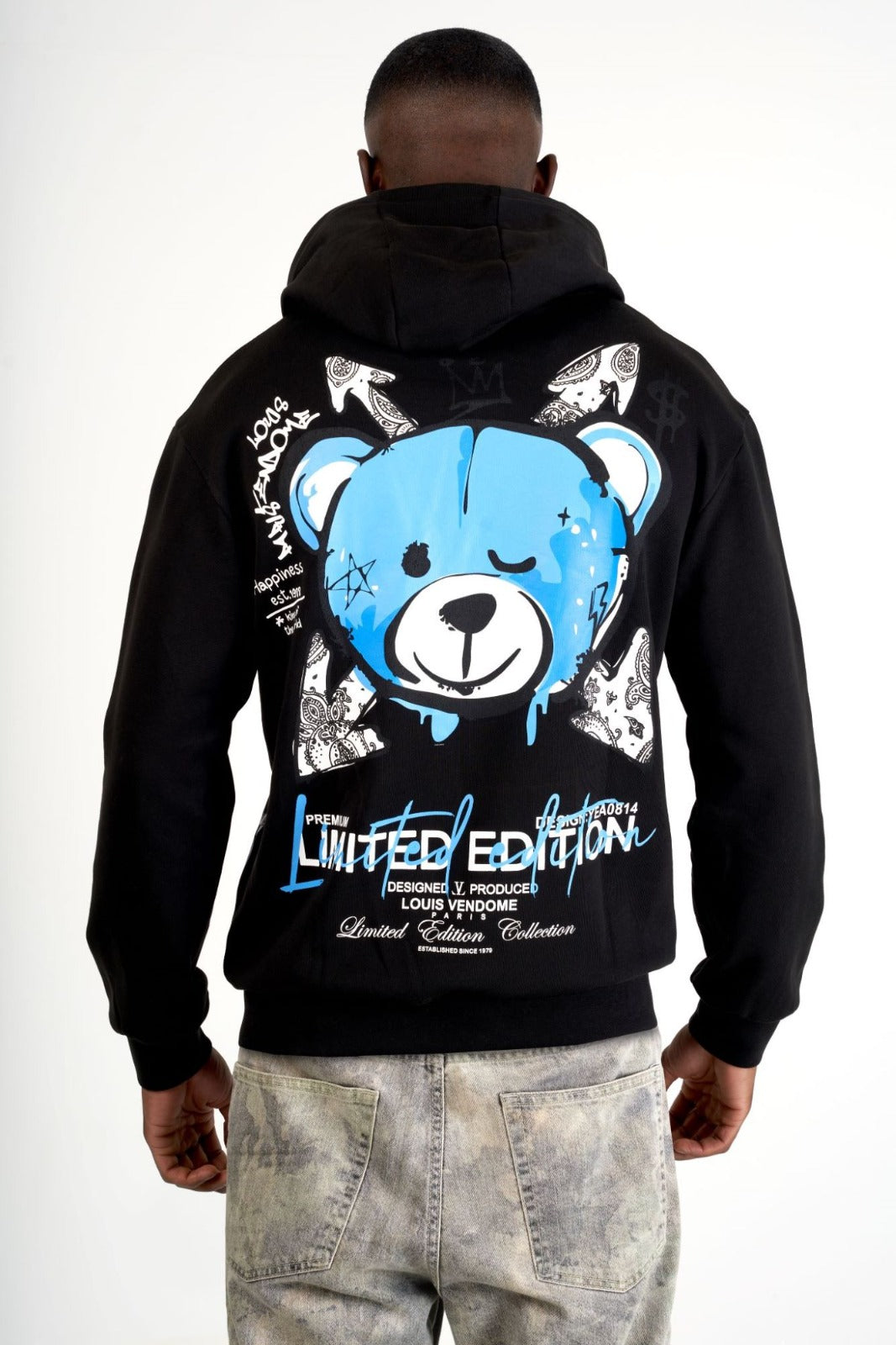 SUDADERA CON CAPUCHA "FASHION BEAR" - NEGRO/AZUL - LOUIS VENDOME PARIS | LV L05