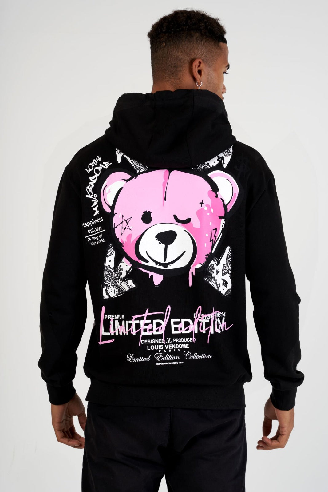 SUDADERA CON CAPUCHA "FASHION BEAR" - NEGRO/ROSA - LOUIS VENDOME PARIS | LV L05