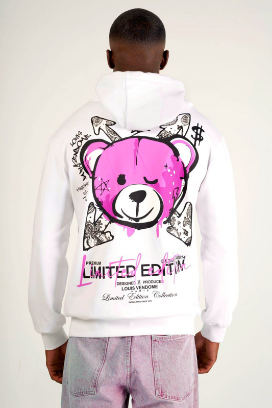 SUDADERA CON CAPUCHA "FASHION BEAR" - BLANCO/ROSA - LOUIS VENDOME PARIS | LV L05