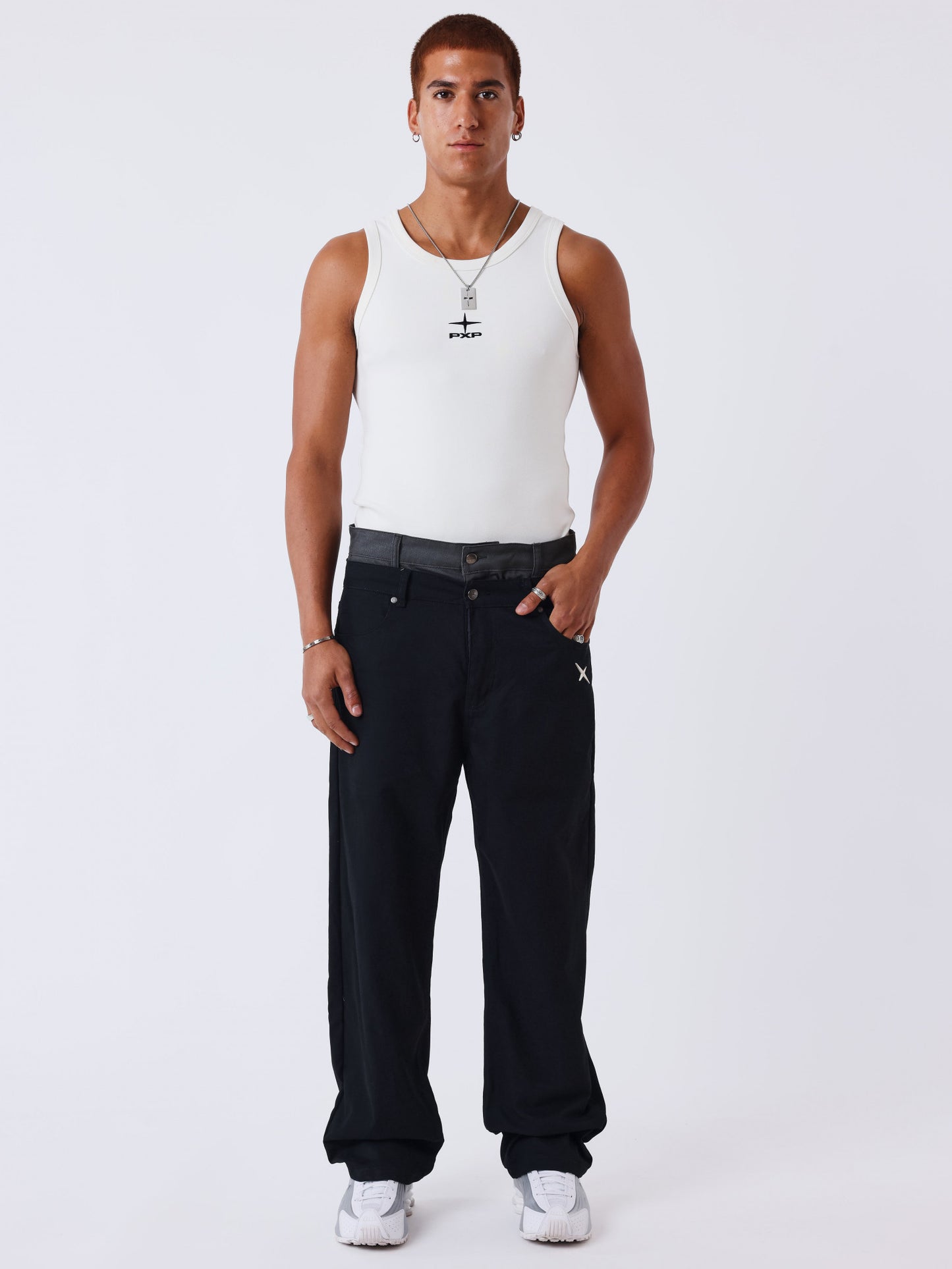 PANTALÓN SUPERPOSICIÓN CON CINTURA EN CONTRASTE - NEGRO - PROJECT X PARIS | 2694451-BK