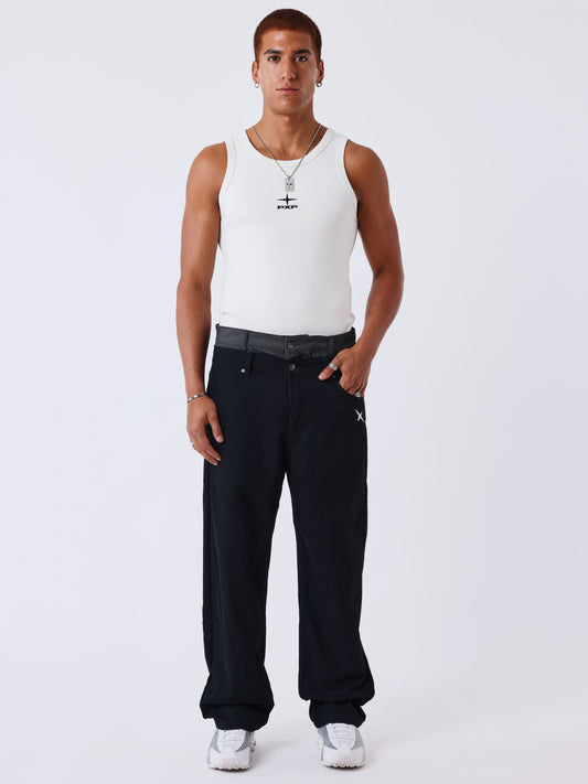 PANTALÓN SUPERPOSICIÓN CON CINTURA EN CONTRASTE - NEGRO - PROJECT X PARIS | 2694451-BK