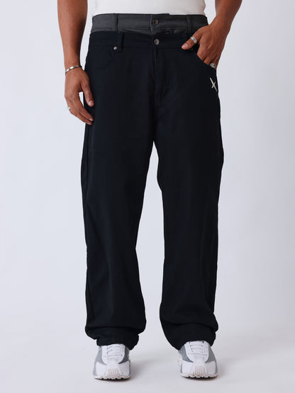 PANTALÓN SUPERPOSICIÓN CON CINTURA EN CONTRASTE - NEGRO - PROJECT X PARIS | 2694451-BK